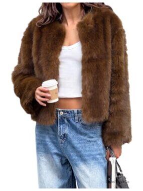Cropped Faux Fur Coat Long Sleeve Open Front Fluffy Jacket